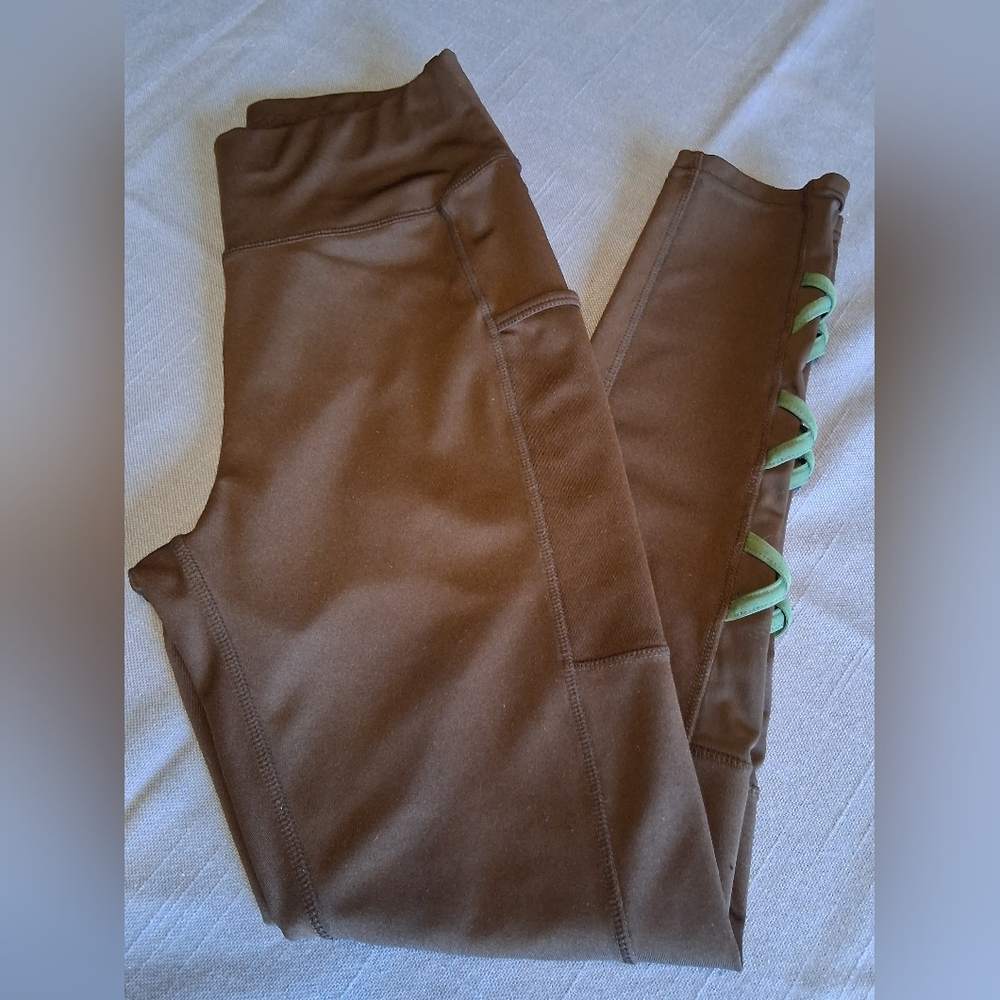 Pop Fit Black Leggings with Sheer Green Lattice Accents - Size Small